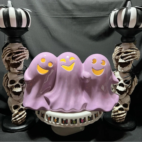 Goblin & Ghoul Whimsical Purple Halloween Ceramic Light Up Happy Ghost Trio - Picture 2 of 12
